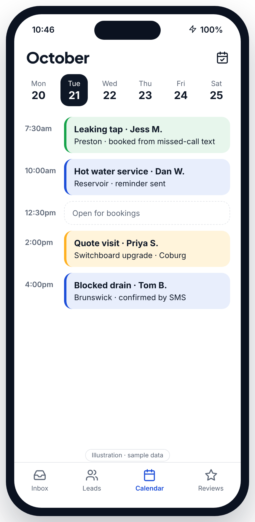 Illustration of the Cortivo mobile calendar with booked jobs