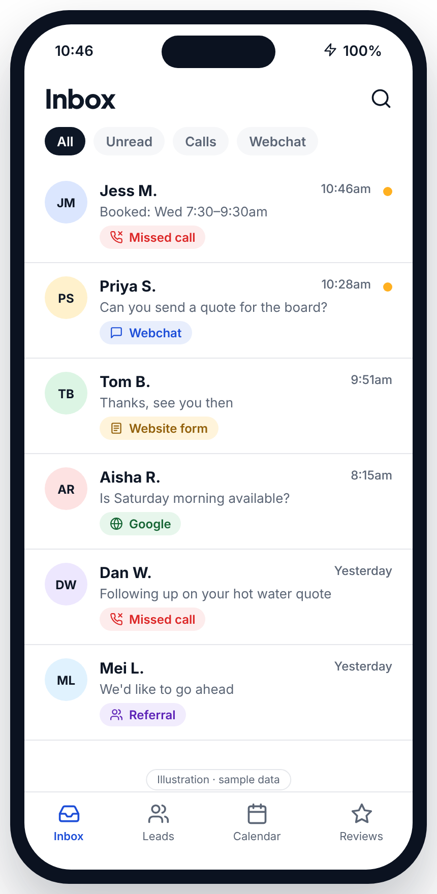Illustration of the Cortivo mobile inbox with sample leads