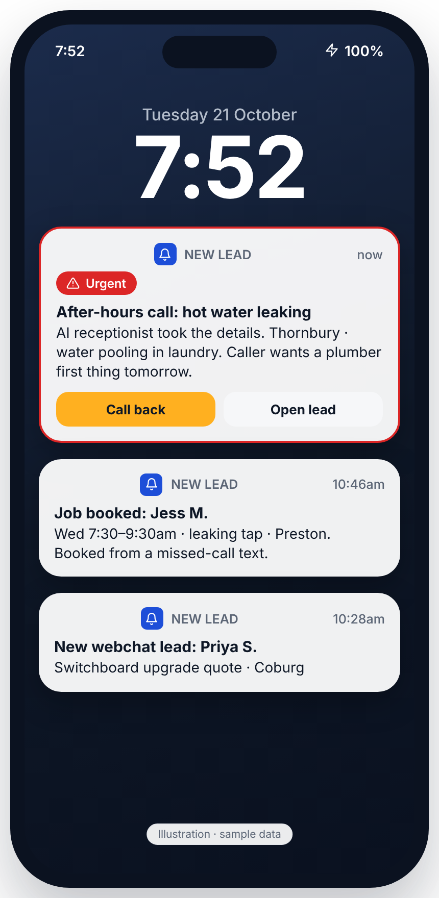 Illustration of a new lead alert on a phone